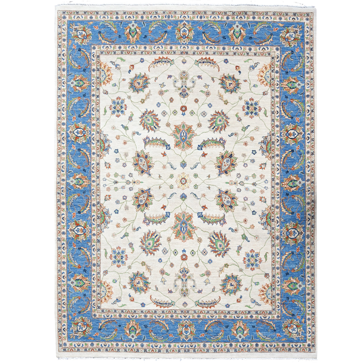 Fine Hand-knotted Wool Cream &amp; Blue Rug 250cm x 300cm