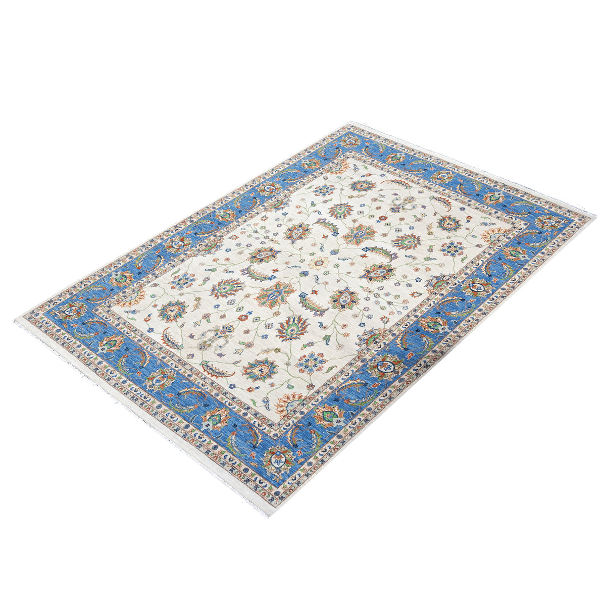 Fine Hand-knotted Wool Cream &amp; Blue Rug 250cm x 300cm